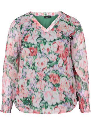 Blomstrete bluse med lange ermer og smock, Flower AOP, Packshot image number 0