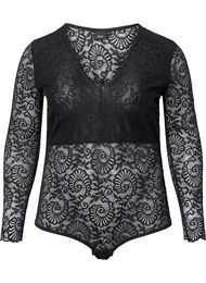 Langærmet blonde bodystocking med v-hals, Black