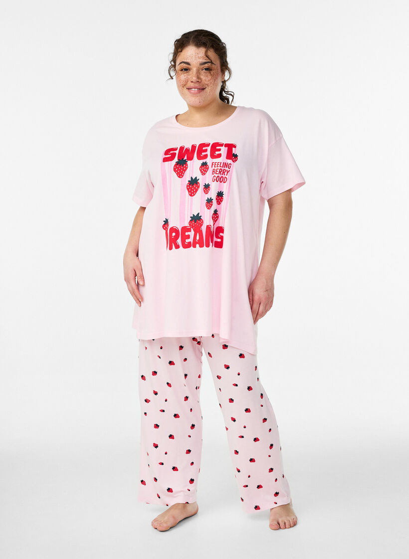 Pyjamasbukse i mykt jerseystoff med h&oslash;y midje og frukttrykk, Rosa, Model image number 0