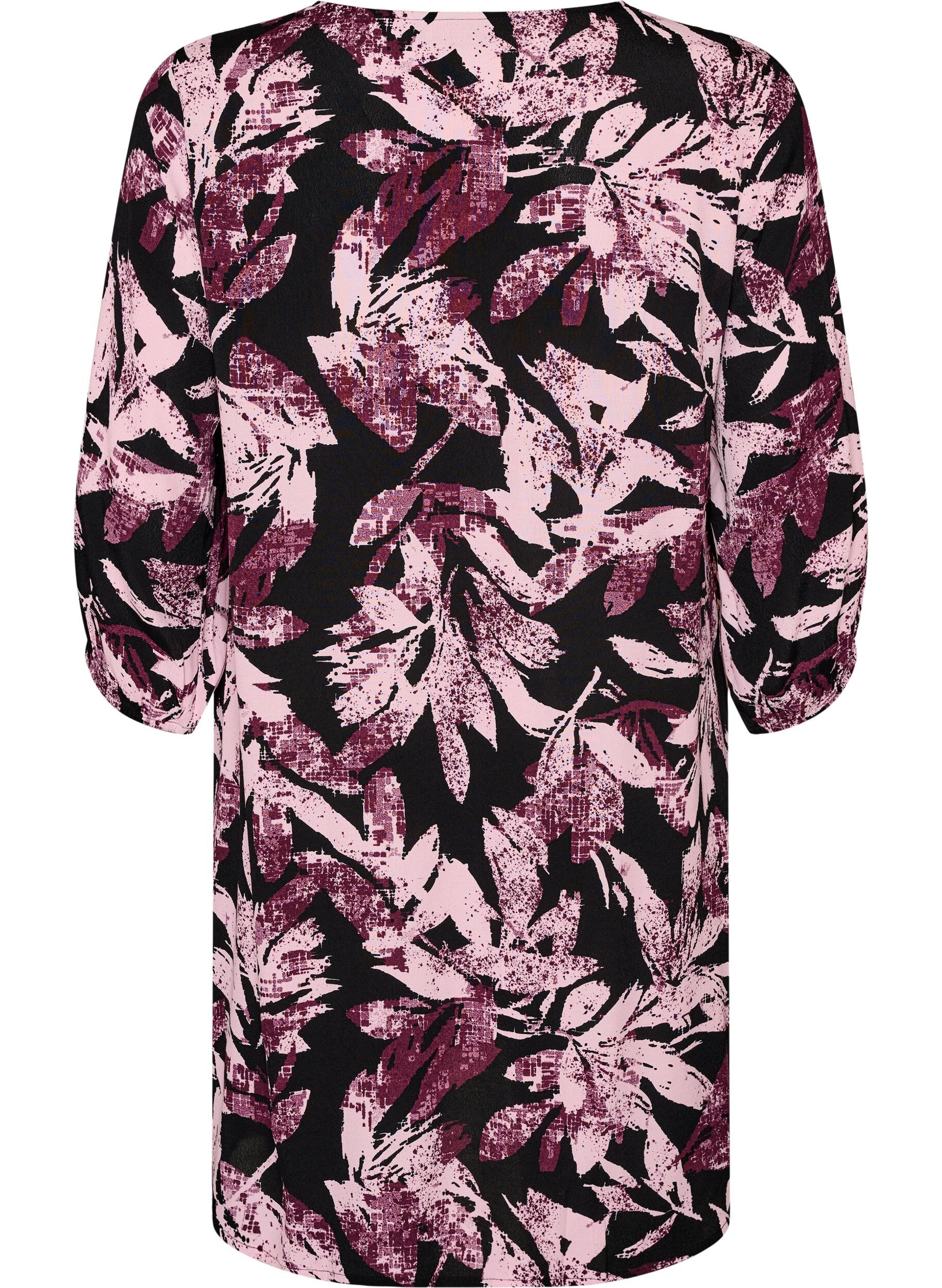 ZizziKort blomstrete kjole i viskose med 3/4 ermer, Svart, Packshot image number 1