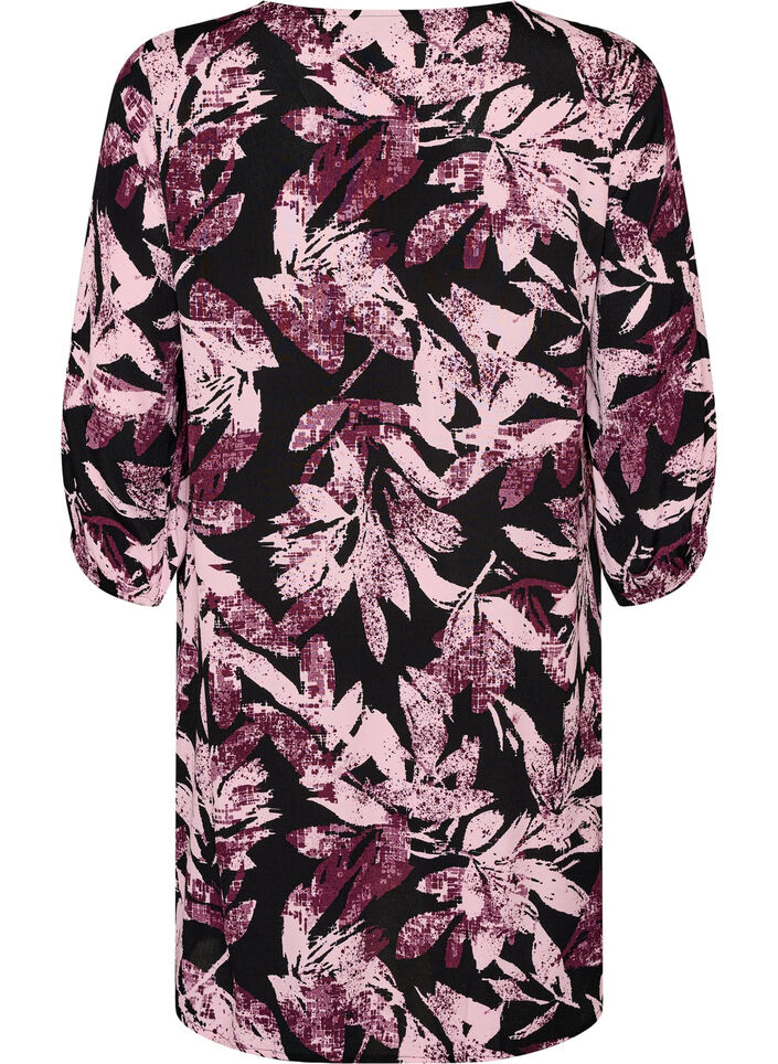 Kort blomstrete kjole i viskose med 3/4 ermer, Svart, Packshot image number 1