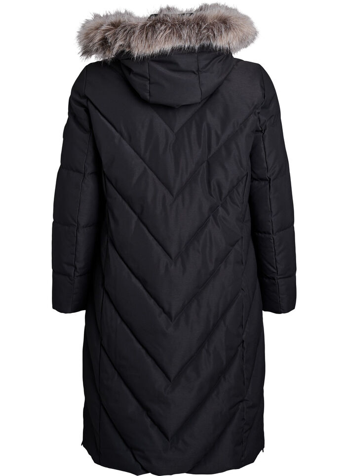 Lang vinterk&aring;pe med kroklukking og en imitert pelskrage, Svart, Packshot image number 1
