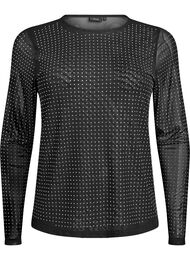 Bluse i mesh med rhinesteiner og lange ermer, Svart