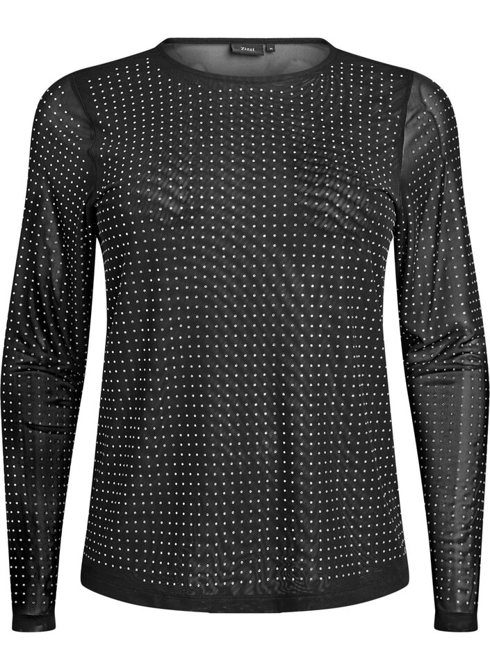 Bluse i mesh med rhinesteiner og lange ermer, Svart, Packshot image number 0