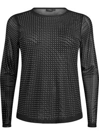 Bluse i mesh med rhinesteiner og lange ermer, Svart Bluse i mesh med rhinesteiner og lange ermer