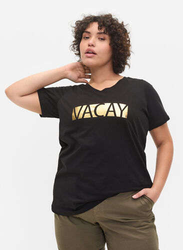 T-skjorte i bomull med V-hals, Black VACAY , Model image number 0