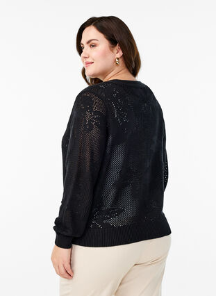Zizzi Strikket cardigan med åpenstrikket mønster og knytesnorer, Black, Model image number 1