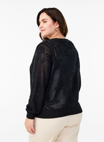 Zizzi Strikket cardigan med åpenstrikket mønster og knytesnorer, Black, Model image number 1