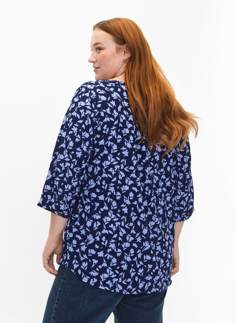 Blomstret bluse med 3/4-ermer, M. Blue Flower AOP, Model image number 1