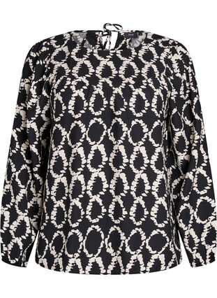 Zizzi Langermet bluse med trykk og sløyfer, Black ART AOP, Packshot image number 0