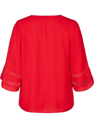 Ensfarget bluse med 3/4-ermer og V-hals, Haute Red, Packshot image number 1