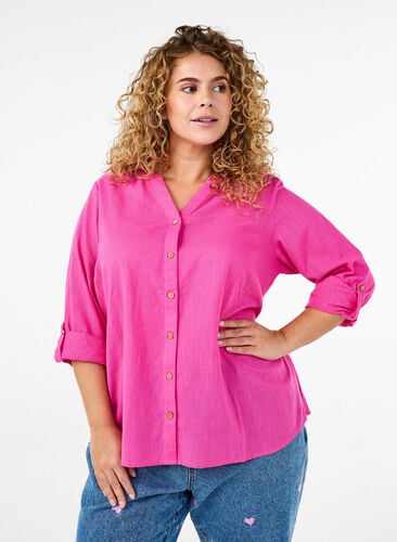 Zizzi Bomullsbluse med V-hals, Rosa, Model image number 0
