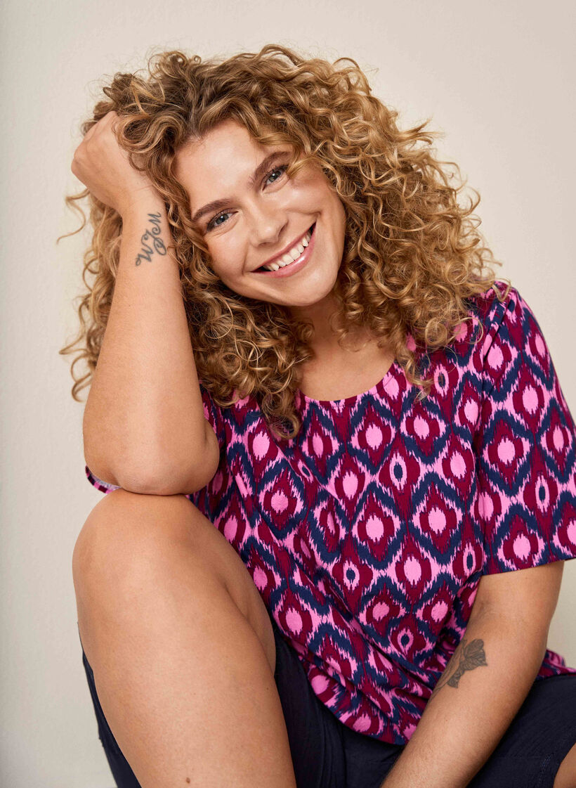 Bomullsbluse med trykk og korte ermer, Rosa, Image image number 0