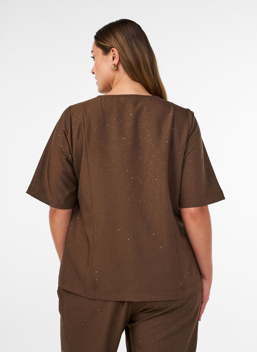 Bluse med glitter og V-hals, Brun, Model image number 2