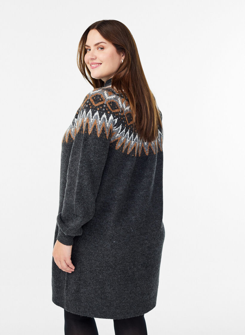 Strikkekjole med jacquardmønster og ballongermer, Grå, Model image number 2