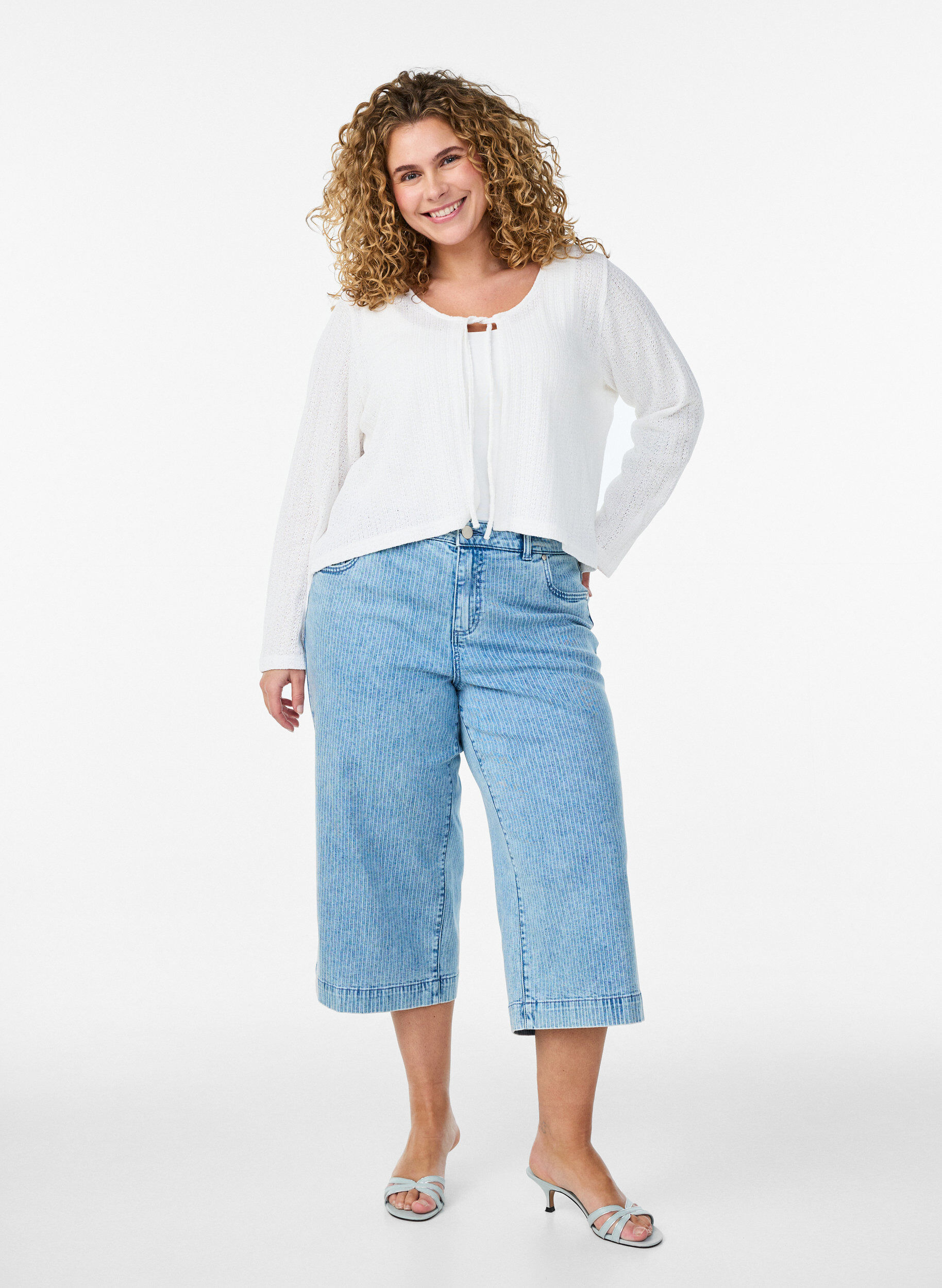 Zizzi Jersey cardigan med tekstur og knyting foran, Hvit, Model image number 1