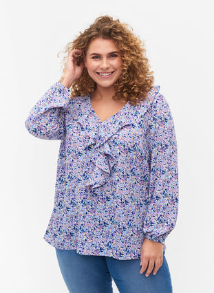 Mønstret bluse med volanger, Purple Ditzy Flower, Model image number 0