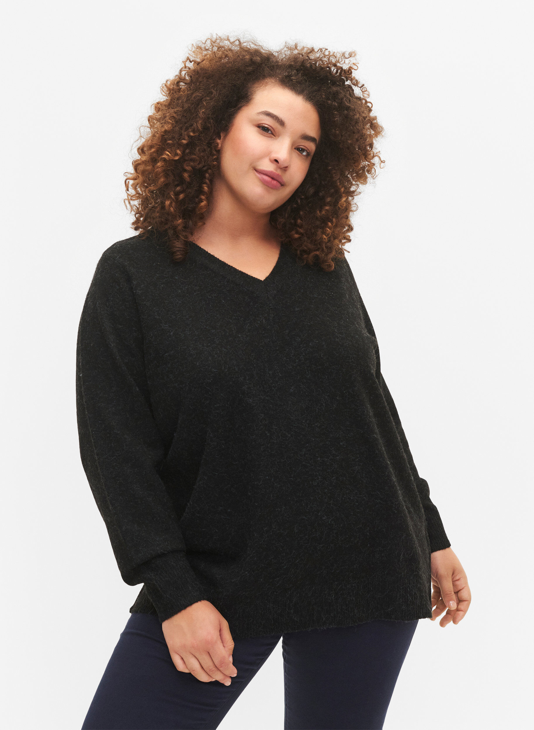 ZizziMelert genser med v-hals, Dark Grey Melange, Model image number 0