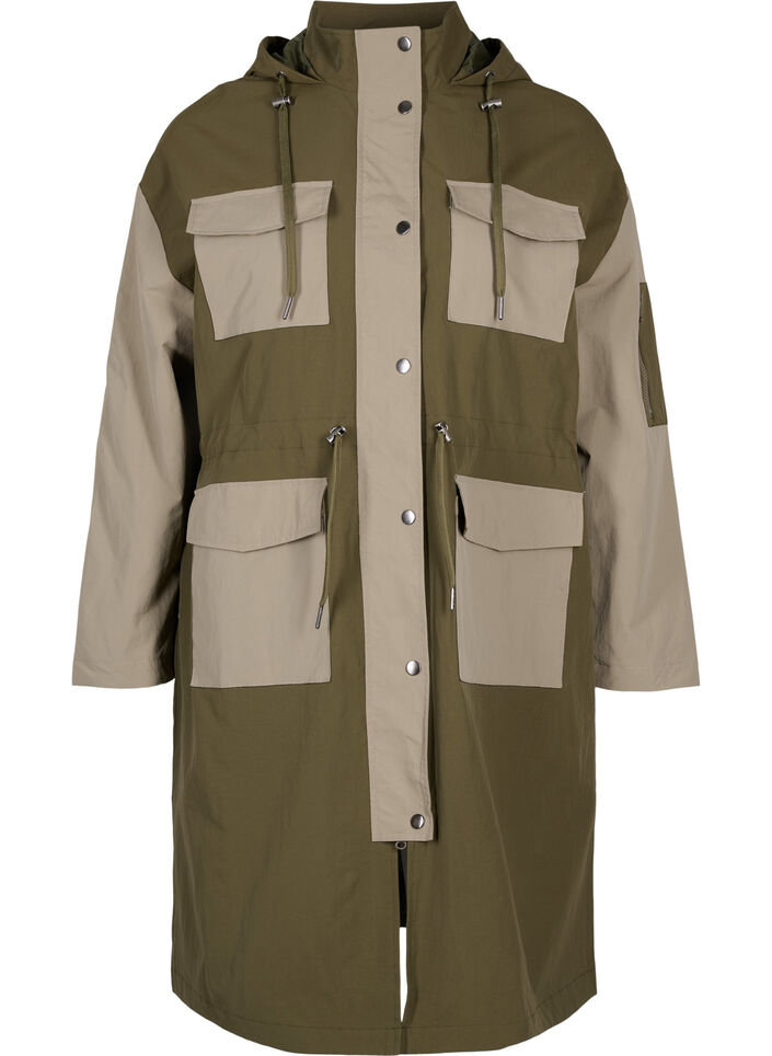 Kontrastfarget jakke med lommer, Dark Olive Comb., Packshot image number 0
