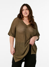 FLASH - Kortermet strikket bluse med v-hals, Grønn FLASH - Kortermet strikket bluse med v-hals, Grønn, Model
