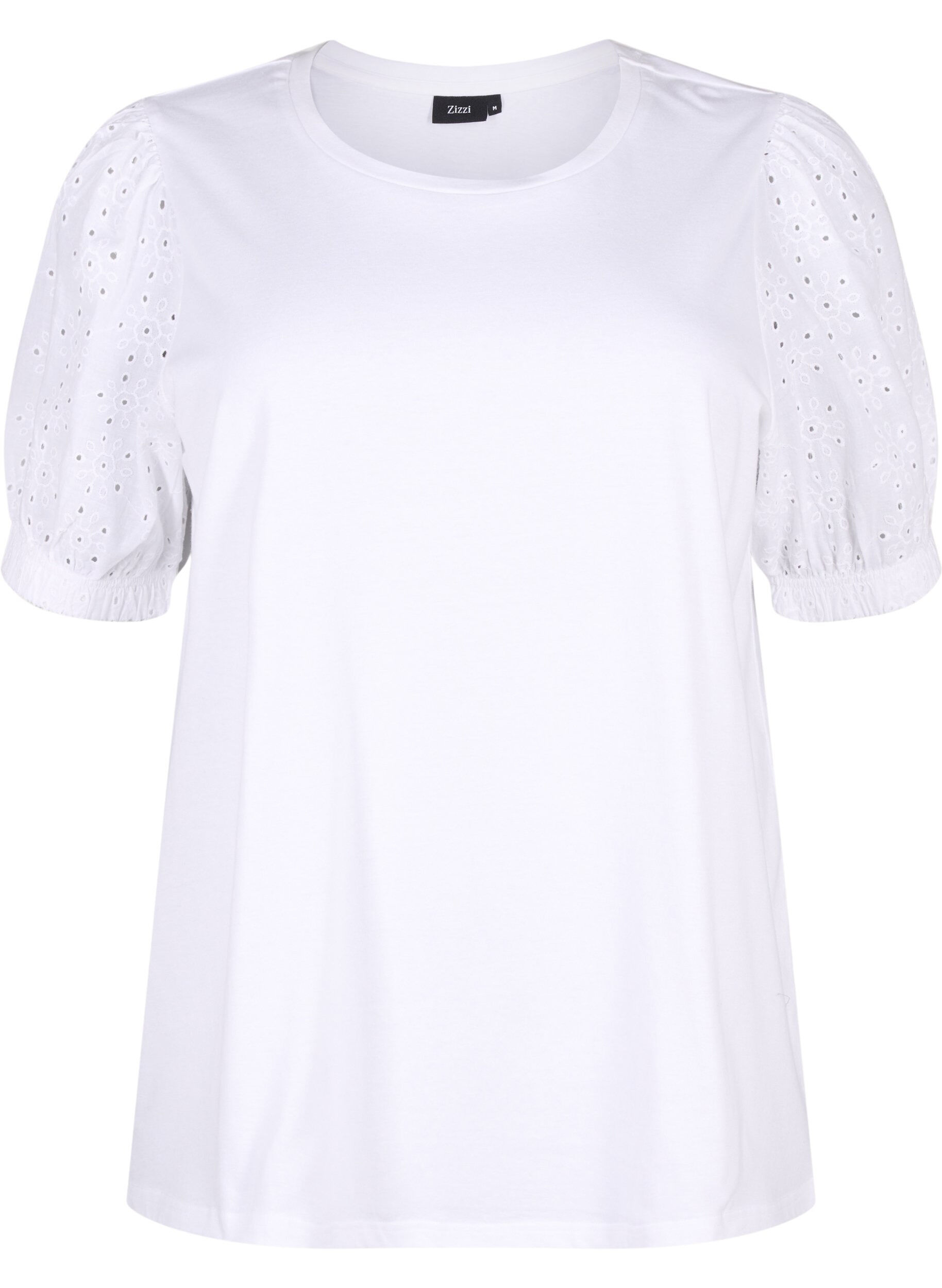 Zizzi Bluse i &oslash;kologisk bomull med broderi anglaise ermer, Bright White, Packshot image number 0