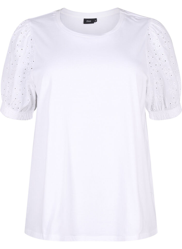 Bluse i økologisk bomull med broderi anglaise ermer, Bright White, Packshot image number 0