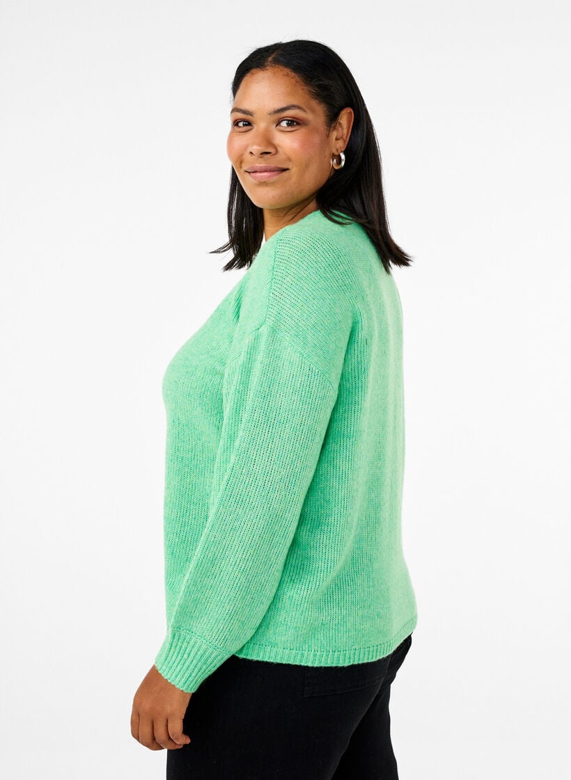 Langermet strikket genser med ull og rund hals, Light G. Green Mel., Model image number 1