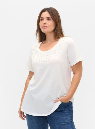 T-skjorte i bomull med perler, Warm Off-white, Model image number 0