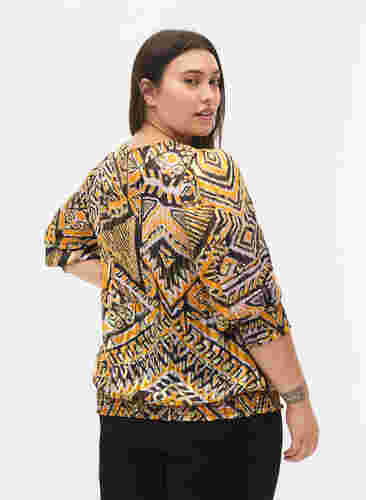 Mønstrete bluse med smock og 3/4-ermer, Yellow Aztec AOP, Model image number 1