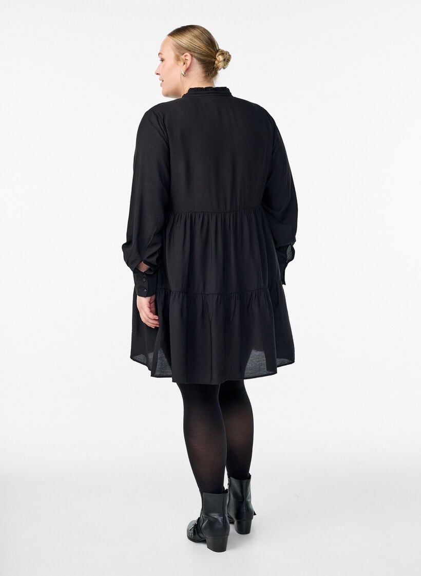 A-linje kjole med volangkrage, Svart, Model image number 2