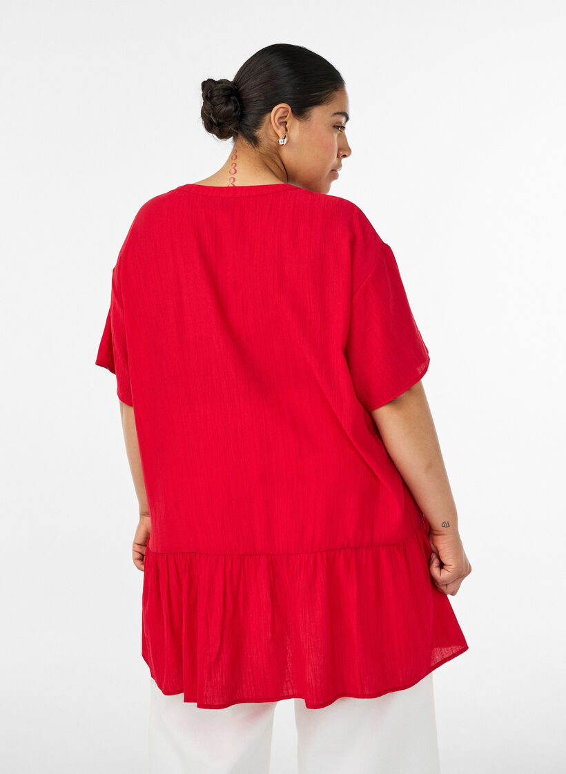 L&oslash;s tunika med kr&oslash;llet struktur og volangkant, R&oslash;d, Model image number 2
