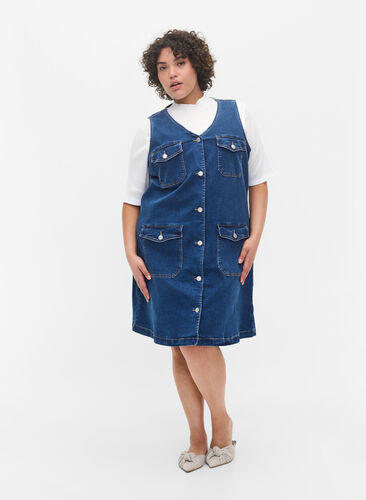 Denim spencerkjole med knapper, Dark blue denim, Model image number 2