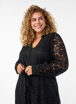 Zizzi Blondekjole med lange ermer og knytebelte, Svart, Model image number 2