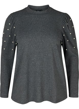 Melert bluse med puffermer og perler, Dark Grey Melange, Packshot image number 0
