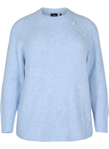 Melert strikkegenser med perleknapper, Light Blue Mel., Packshot image number 0