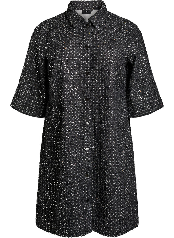 Denimkjole med paljetter og 3/4-ermer, Svart, Packshot image number 0