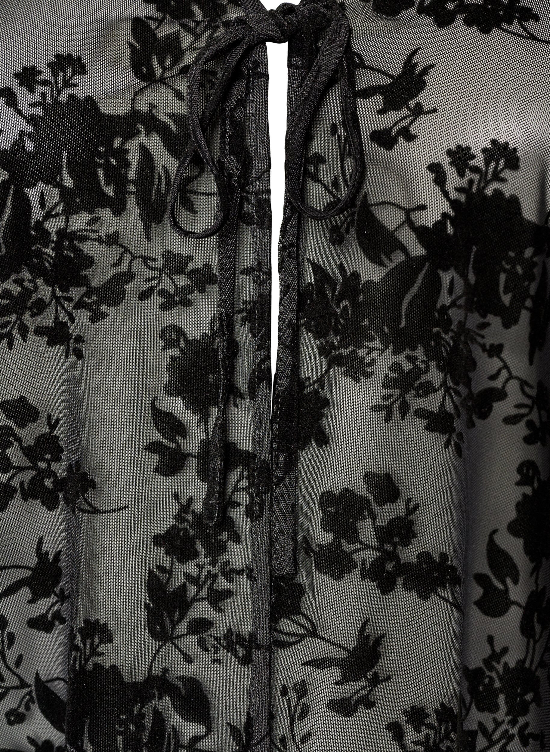 ZizziMeshbluse med blomstertrykk og &aring;pen front, Svart, Packshot image number 2