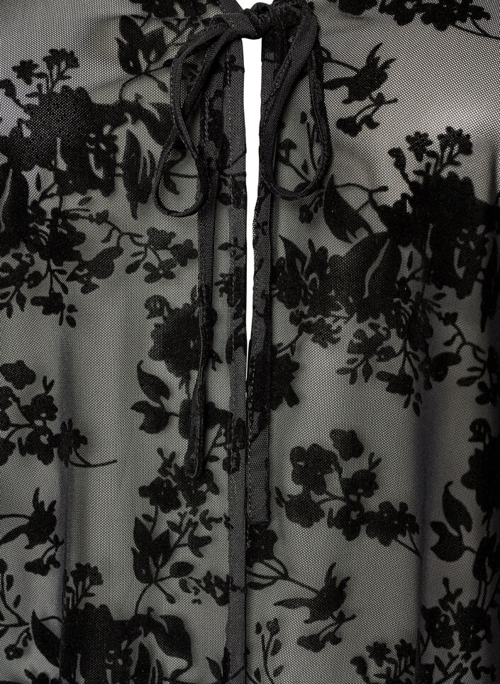 Meshbluse med blomstertrykk og &aring;pen front, Svart, Packshot image number 2