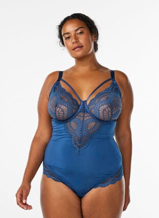 Zizzi Underwired blondebody med stroppe-detalj, Blå, Model image number 0