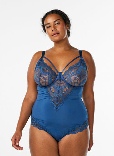 Zizzi Underwired blondebody med stroppe-detalj, Blå, Model image number 0