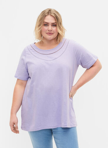 T-skjorte av bomull med blondekant, Lavender, Model image number 0