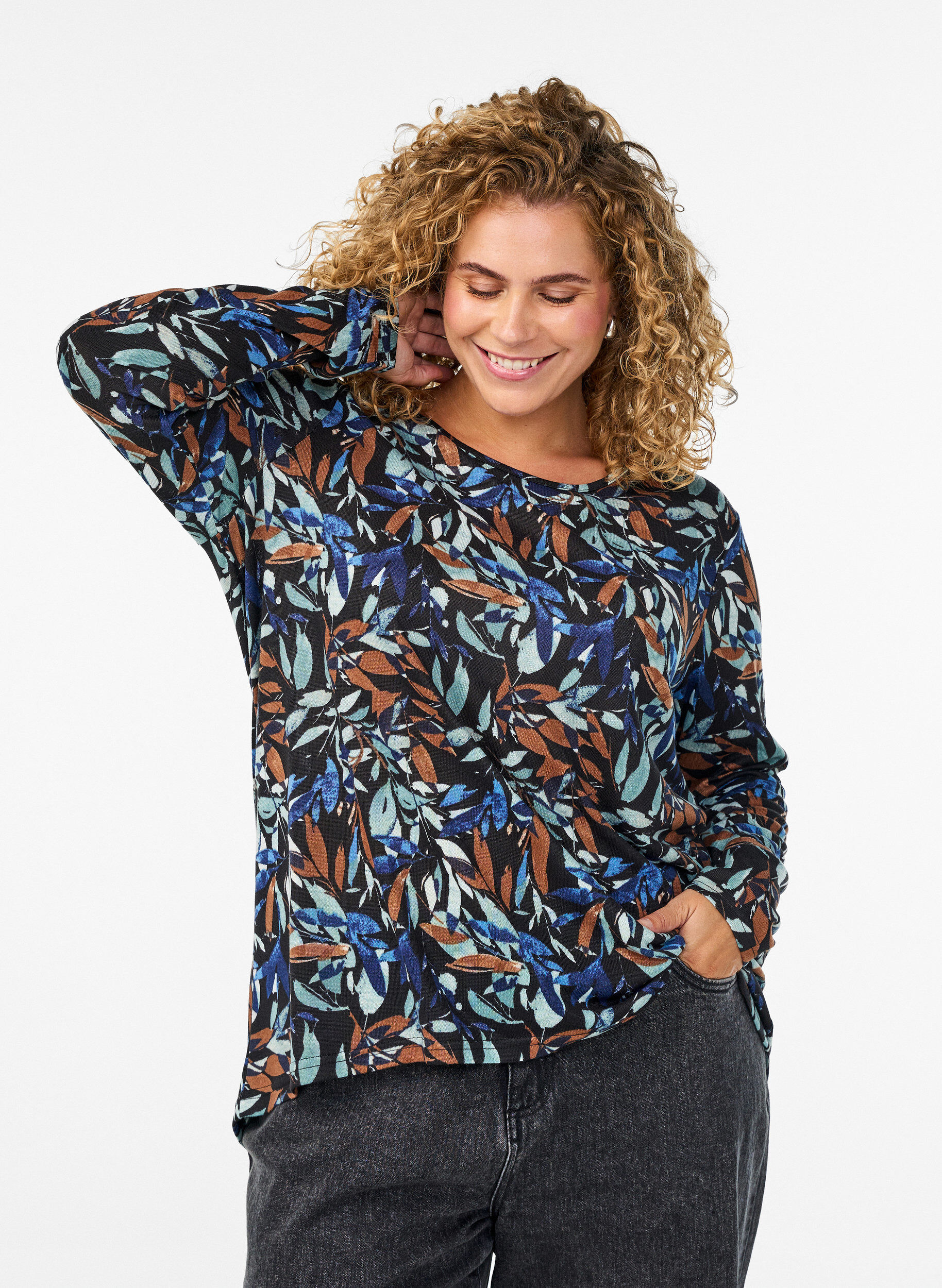Zizzi M&oslash;nstret bluse med lange ermer, Bl&aring;, Model image number 0