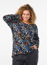 Mønstret bluse med lange ermer, Blå Mønstret bluse med lange ermer, Blå, Model
