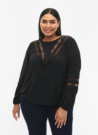 Bluse med lange ermer og blonder, Black, Model