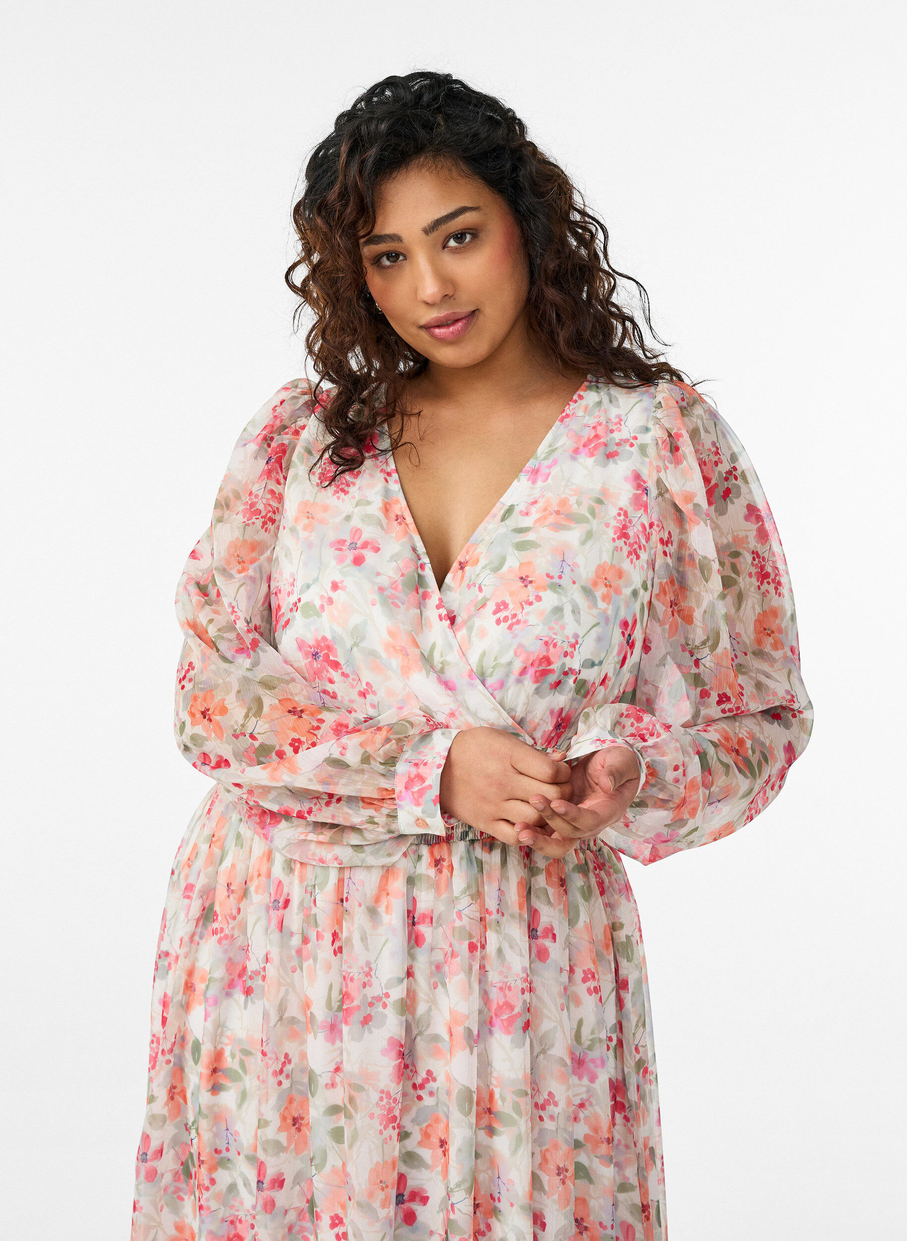 Zizzi Midi kjole med blomster og omslagseffekt smock, Orange, Model image number 2