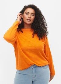Strukturmønstret strikkegenser med rund hals, Vibrant Orange, Model