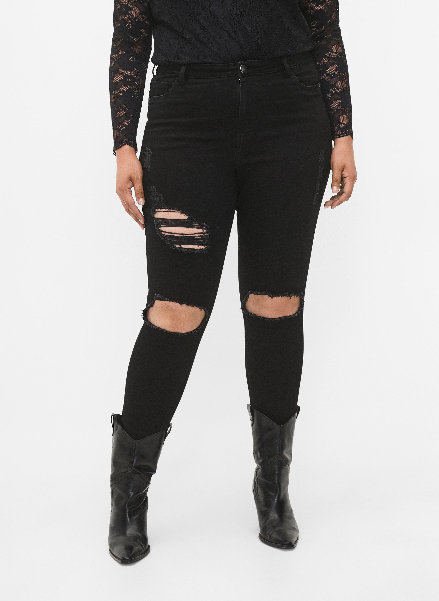 Zizzi Tettsittende jeans med detaljer, Black, Model image number 2