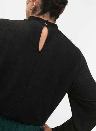 Langermet bluse med glitter, rund hals og V-detalj, Black Black, Model image number 2