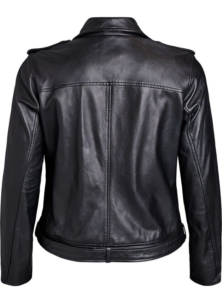 Skinn bikerjakke med belte, Black, Packshot