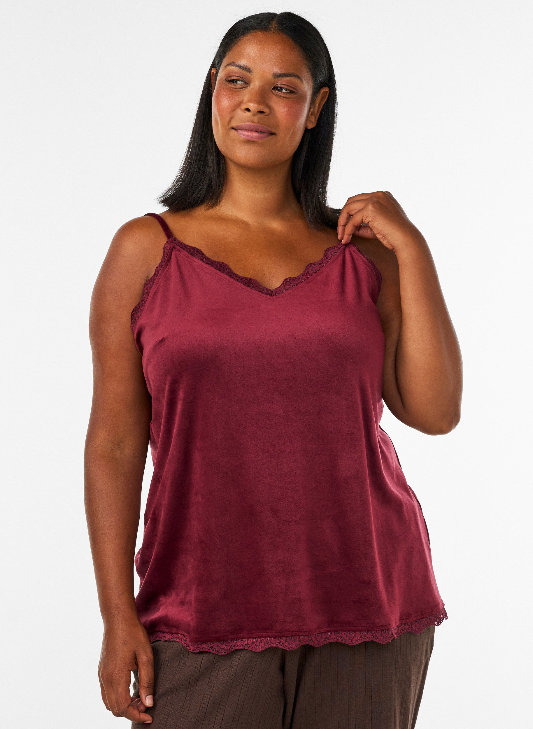 Velour topp med blonderkant, R&oslash;d, Model
